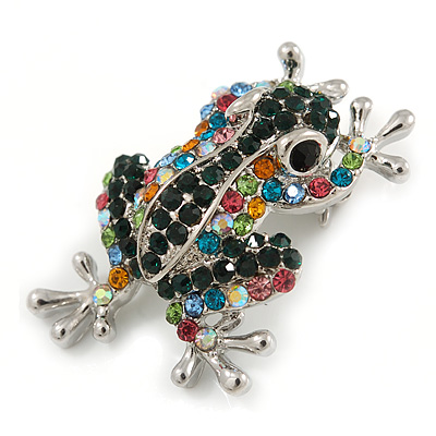 Multicoloured Crystal Frog/ Toad Brooch In Silver Tone Metal - 35mm L