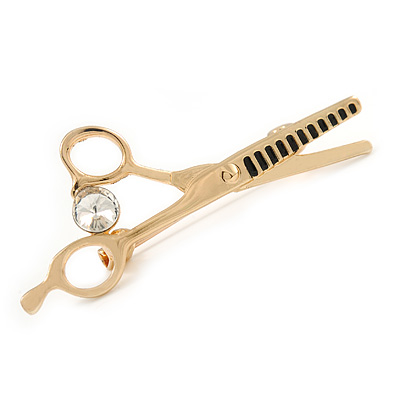 Gold Tone Scissors Brooch with Clear Crystal - 50mm L