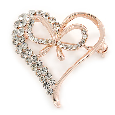 Clear Crystal Open Heart with Bow Brooch In Gold Plated Metal - 40mm - main view