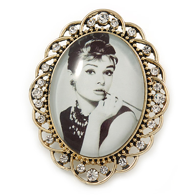 Audrey Hepburn Portrait Crystal Brooch In Gold Tone Metal - 55mm L - main view