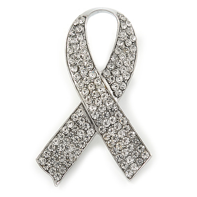 Clear Crystal Breast Cancer Awareness Ribbon Lapel Pin In Rhodium Plating - 55mm L - main view