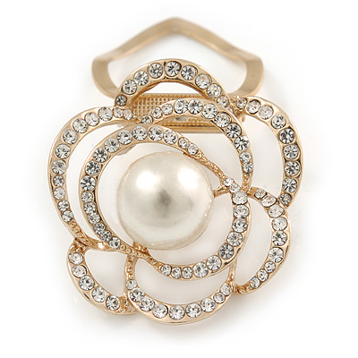 Diamante Faux Pearl Rose Scarf Pin/ Brooch In Gold Tone - 40mm Across - main view