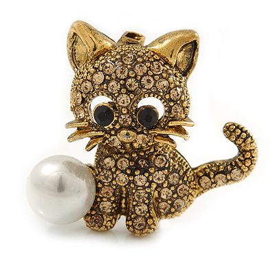 Light Topaz Crystal Little Kitten with Pearl Bead Brooch In Antique Gold Tone Metal - 30mm L - main view