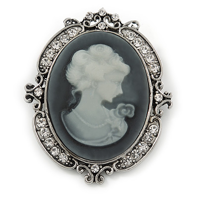 Diamante Grey Cameo Scarf Pin/ Brooch In Silver Tone - 55mm Across - main view