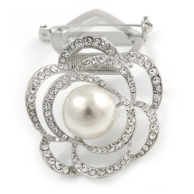 Diamante Faux Pearl Rose Scarf Pin/ Brooch In Silver Tone - 40mm Across - main view