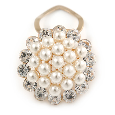 White Faux Pearl & Clear Diamante Round Scarf Pin/ Brooch In Gold Finish - 32mm D - main view