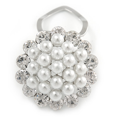 White Faux Pearl & Clear Diamante Round Scarf Pin/ Brooch In Silver Finish - 32mm D - main view