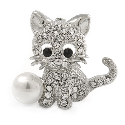 Clear Crystal Little Kitten with Pearl Bead Brooch In Silver Tone Metal - 30mm L - main view