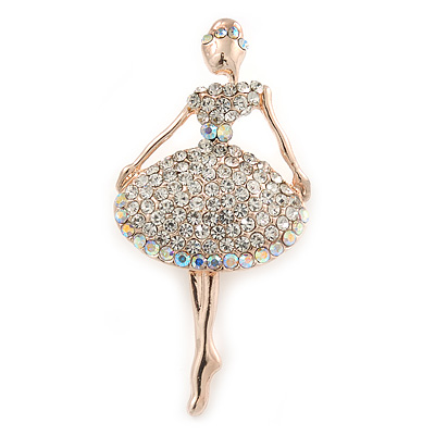 Clear/ AB Crystal Ballerina Brooch In Gold Tone Metal - 57mm L - main view