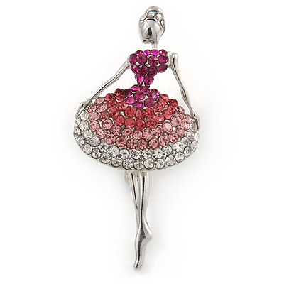 Clear/ Pink/ Magenta Crystal Ballerina Brooch In Silver Tone Metal - 57mm L - main view