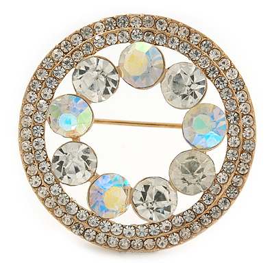 AB/ Crystal Round Button Shape Brooch In Gold Tone - 35mm D