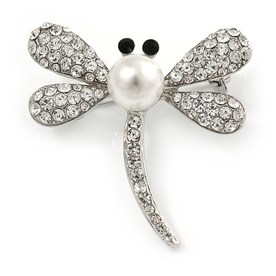 Classic Crystal, Faux Pearl Dragonfly Brooch In Silver Tone Metal - 40mm L