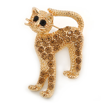 Adorable Light Topaz Crystal Cat Brooch In Gold Tone Metal - 40mm L