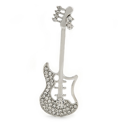 Clear Crystal Guitar Brooch In Silver Tone Metal - 57mm L - main view