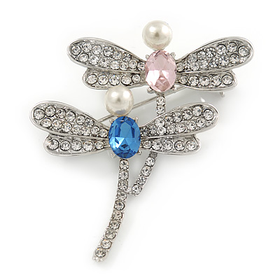 Two Crystal Dragonfly Brooch In Silver Tone Metal - 45mm - main view