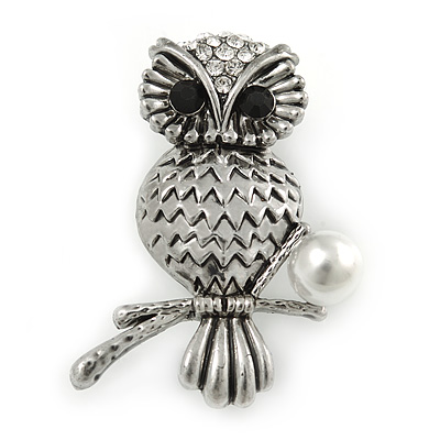 Vintage Inspired Crystal Owl Brooch In Aged Silver Tone - 40mm L - main view