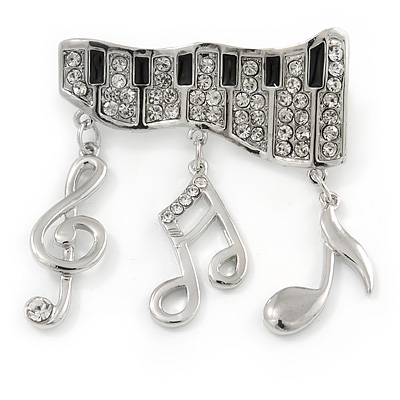 Silver Plated Clear Crystal Music Keyboard with Dangling Music Notes Brooch - 40mm W - main view