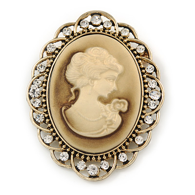 Diamante Cameo Scarf Pin/ Brooch In Gold Tone - 57mm Across - main view