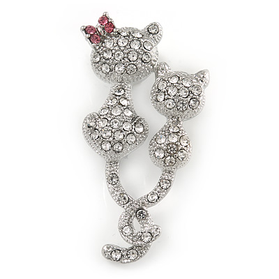 Two Little Cats Small Clear Crystal Brooch In Silver Tone Metal - 45mm L - main view
