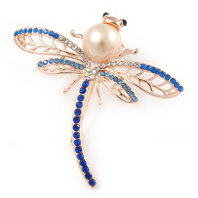 Clear/ Navy/ Light Blue Crystal, Faux Pearl Dragonfly Brooch In Rose Gold Tone Metal - 55mm W - main view