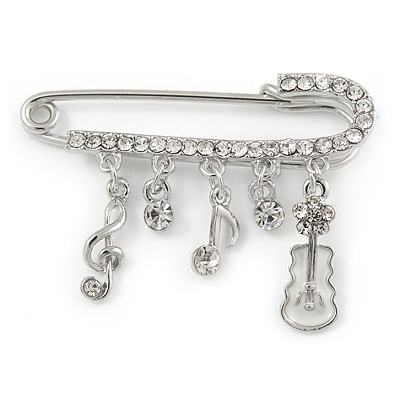 Medium Silver Tone Crystal Safety Pin Brooch with Musical Note Charms - 50mm - main view