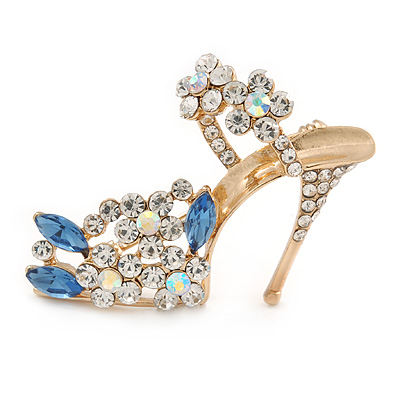 Clear/ Blue Crystal Sexy High Heel Shoe Brooch In Gold Plated Metal - 45mm - main view