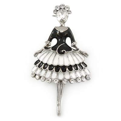 Black/ White Enamel, Crystal Ballerina Brooch In Silver Tone Metal - 55mm L - main view