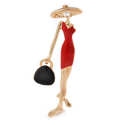 Elegant Lady in The Red Dress Brooch In Gold Plated Metal - 60mm L - main view
