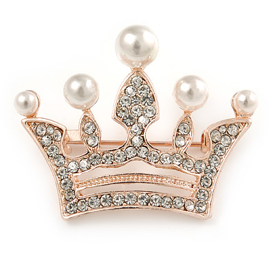 Clear Crystal, White Faux Glass Pearl Crown Brooch In Rose Gold Metal - 40mm W - main view