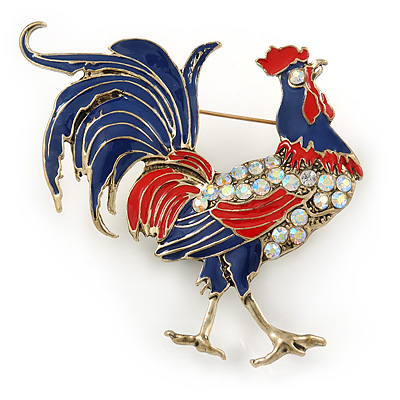 Large Red/ Blue Enamel, AB Crystal Rooster Brooch In Antique Gold Tone Metal - 60mm - main view