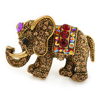 Vintage Inspired Small Topaz/ Red Crystal Elephant Brooch In Antique Gold Tone Metal - 35mm - main view
