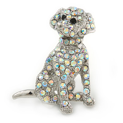 AB Crystal Dog Brooch In Silver Tone Metal - 35mm L - main view