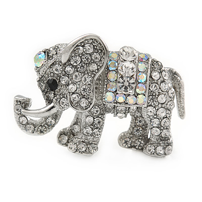 Small Crystal Elephant Brooch In Silver Tone Metal - 35mm - main view
