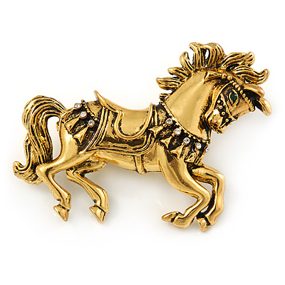 Vintage Inspired Horse Brooch In Gold Tone Metal - 50mm W - main view