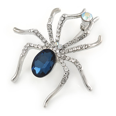 Clear/ Midnight Blue Crystal Spider Brooch In Silver Tone Metal - 50mm L - main view