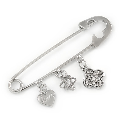 Silver Plated Safety Pin Brooch with Crystal Charms - 65mm L - main view