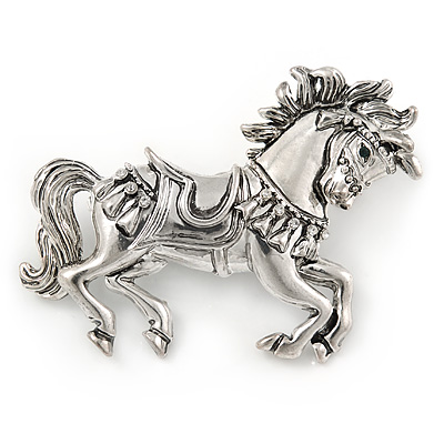 Vintage Inspired Horse Brooch In Silver Tone Metal - 50mm W