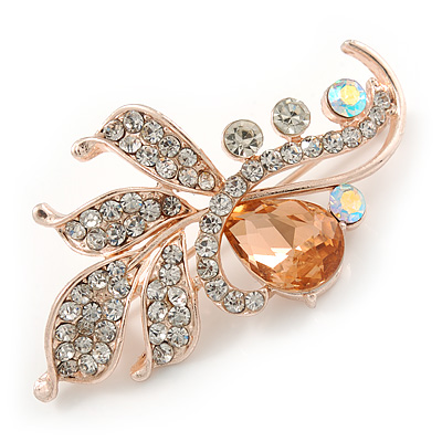 Fancy Clear/ Champagne Crystal Floral Brooch In Rose Gold Tone Metal - 50mm L - main view