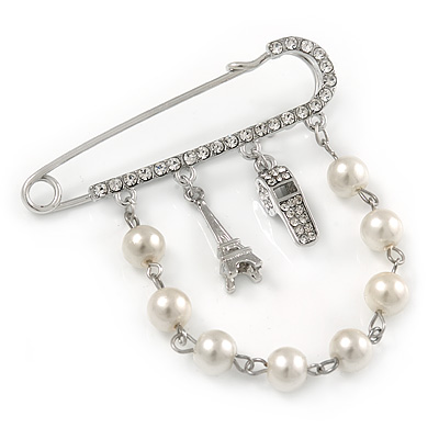 Silver Plated Safety Pin Brooch With Pearl Bead Chain and Charms - 65mm