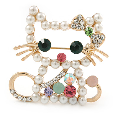 Funky Japanese Style Crystal, Faux Pearl Cat Brooch In Gold Tone Metal - 40mm L - main view