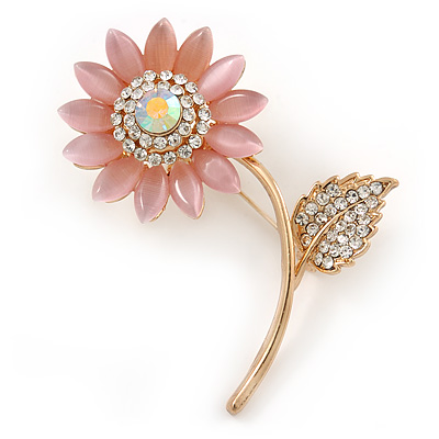 Large Clear Crystal Pink Resin Stone Sunflower Brooch In Gold Plated Metal - 60mm L