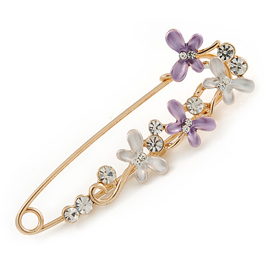 Large Enamel, Crystal Safety Pin Brooch with Dragonfly Motif In Gold Tone Metal - 80mm L - main view