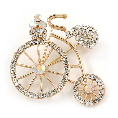 Retro Clear Crystal Bicycle Brooch In Gold Tone Metal - 40mm W - main view