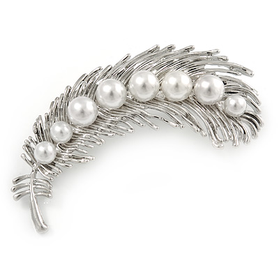 Rhodium Plated White Faux Glass Pearl Feather Pendant/ Brooch - 70mm L