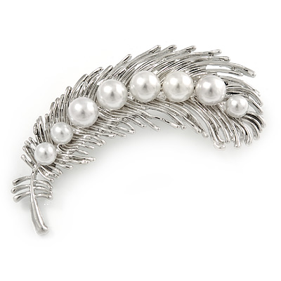 Rhodium Plated White Faux Glass Pearl Feather Pendant/ Brooch - 70mm L - main view