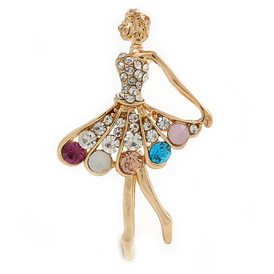 Multicoloured Crystal Ballerina Brooch In Gold Tone Metal - 55mm L - main view