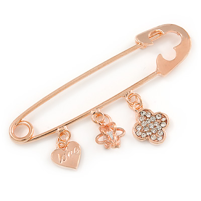 Rose Gold Tone Metal Safety Pin Brooch with Crystal Charms - 65mm L - main view