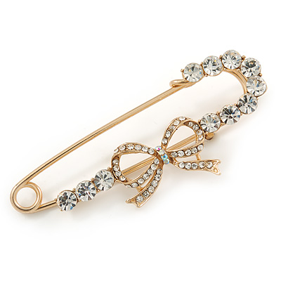 Gold Plated Clear Crystal Safety Pin Brooch With Bow Motif - 65mm L - main view