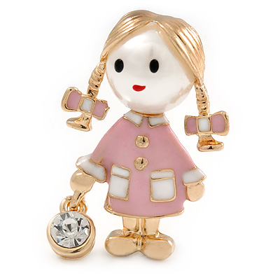 Funky Pink Enamel, Pearl Bead Doll Brooch with Crystal Purse In Gold Tone Metal - 40mm L - main view