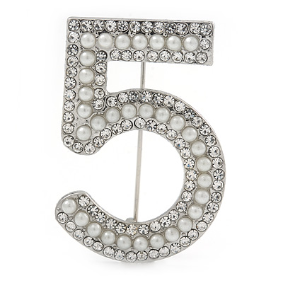 Figure of ''5'' Faux Pearl Crystal Brooch In Silver Tone Metal - 40mm L - main view